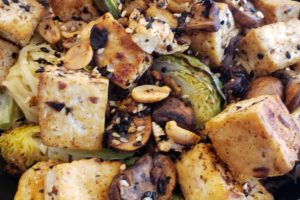 Tofu Noodles with Spiced Nori, Brussels Sprouts, & Mushrooms