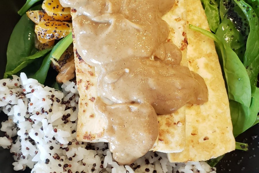 Tofu Steaks with Sticky Rice and Spinach Salad