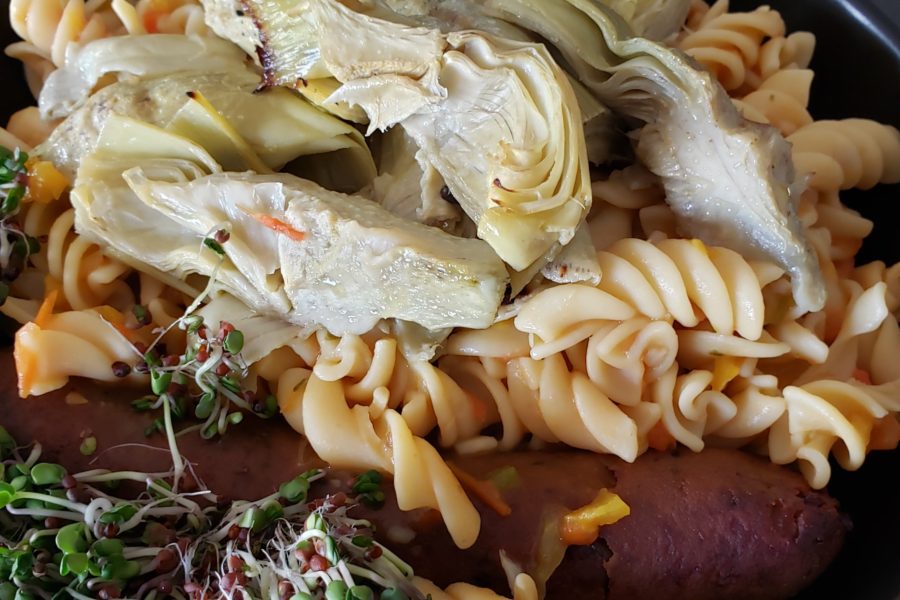 Artichoke & Pepper Ragout Rotini with Field Roast Sausage & Broccoli Sprouts