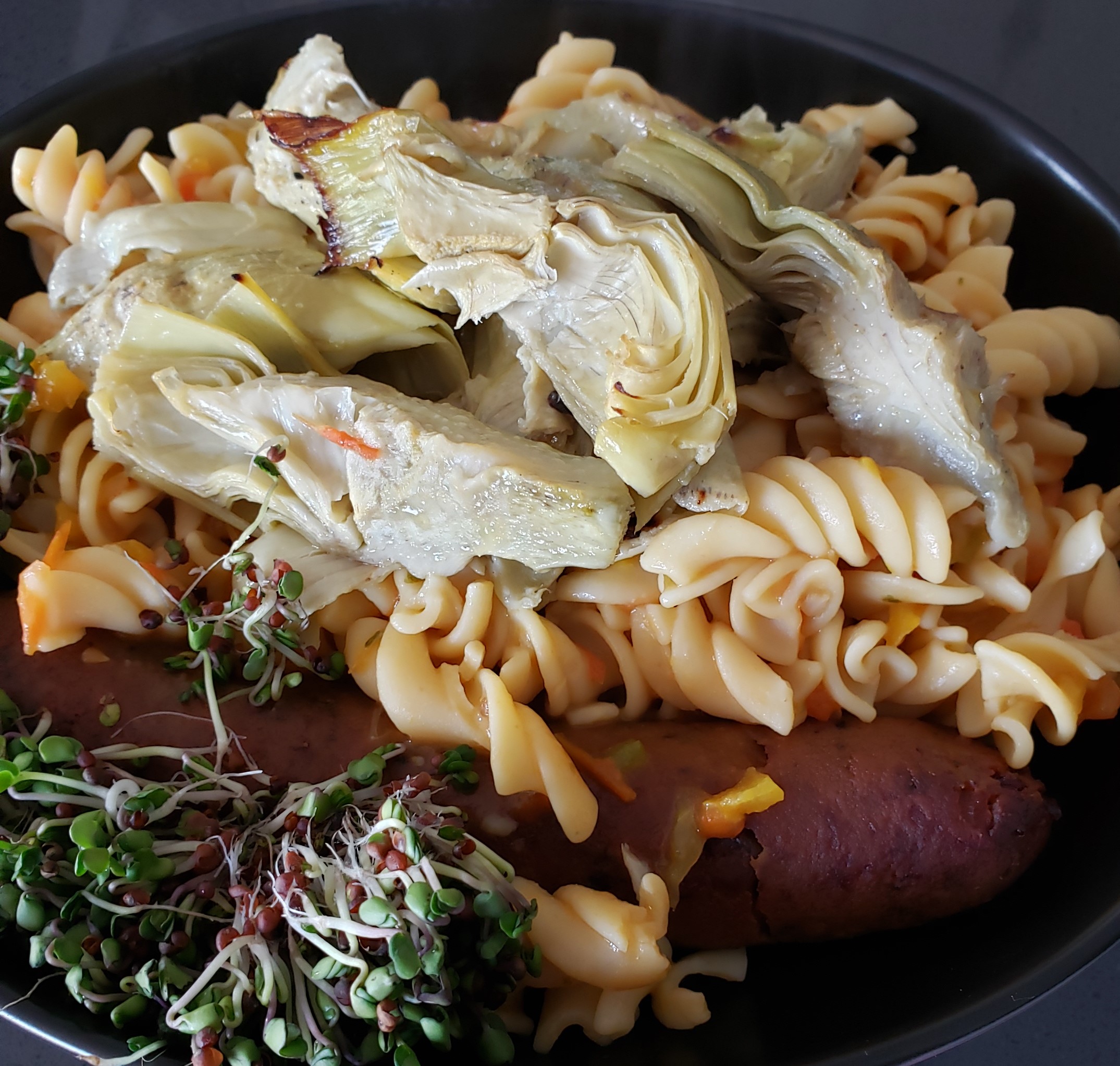 Artichoke & Pepper Ragout Rotini with Field Roast Sausage & Broccoli